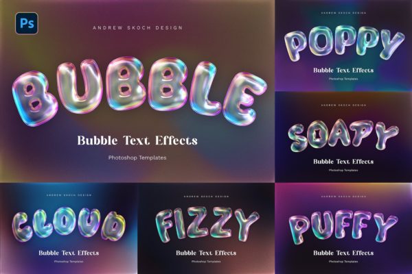 6款潮流3D立体肥皂气泡金属镀铬效果标题logo字体设计ps特效样机 Bubble Text Effects