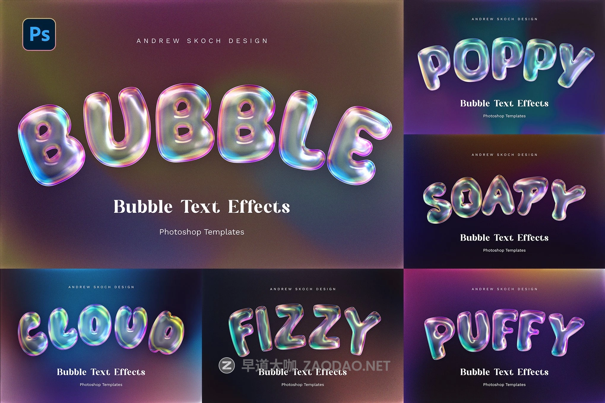 6款潮流3D立体肥皂气泡金属镀铬效果标题logo字体设计ps特效样机 Bubble Text Effects插图 6款潮流3D立体肥皂气泡金属镀铬效果标题logo字体设计ps特效样机 Bubble Text Effects插图