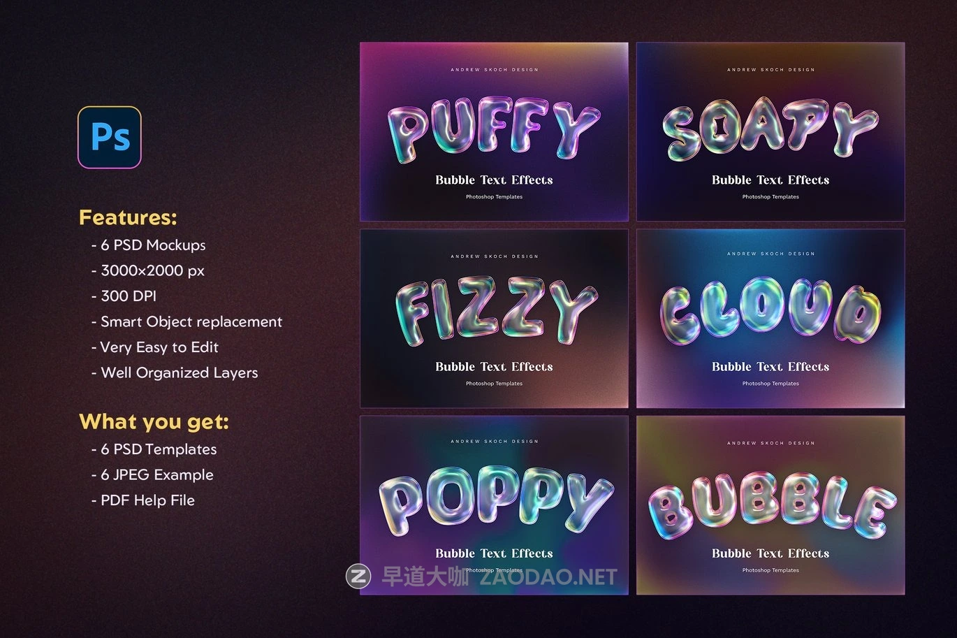 6款潮流3D立体肥皂气泡金属镀铬效果标题logo字体设计ps特效样机 Bubble Text Effects插图3 6款潮流3D立体肥皂气泡金属镀铬效果标题logo字体设计ps特效样机 Bubble Text Effects插图3