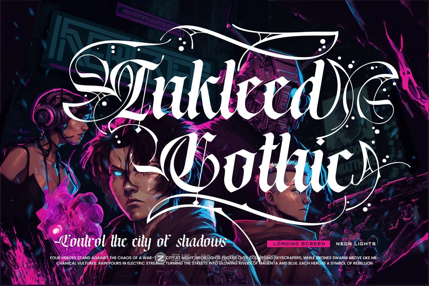 时尚前卫哥特式赛博朋克品牌海报游戏标题设计装饰英文字体 Rebella Typeface插图14 时尚前卫哥特式赛博朋克品牌海报游戏标题设计装饰英文字体 Rebella Typeface插图14