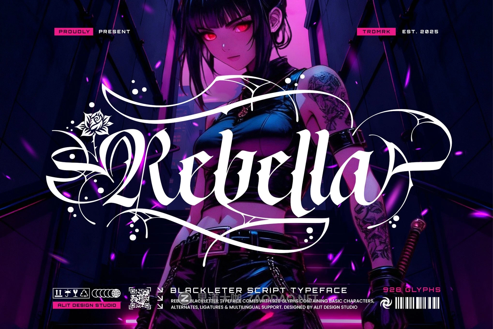 时尚前卫哥特式赛博朋克品牌海报游戏标题设计装饰英文字体 Rebella Typeface插图 时尚前卫哥特式赛博朋克品牌海报游戏标题设计装饰英文字体 Rebella Typeface插图