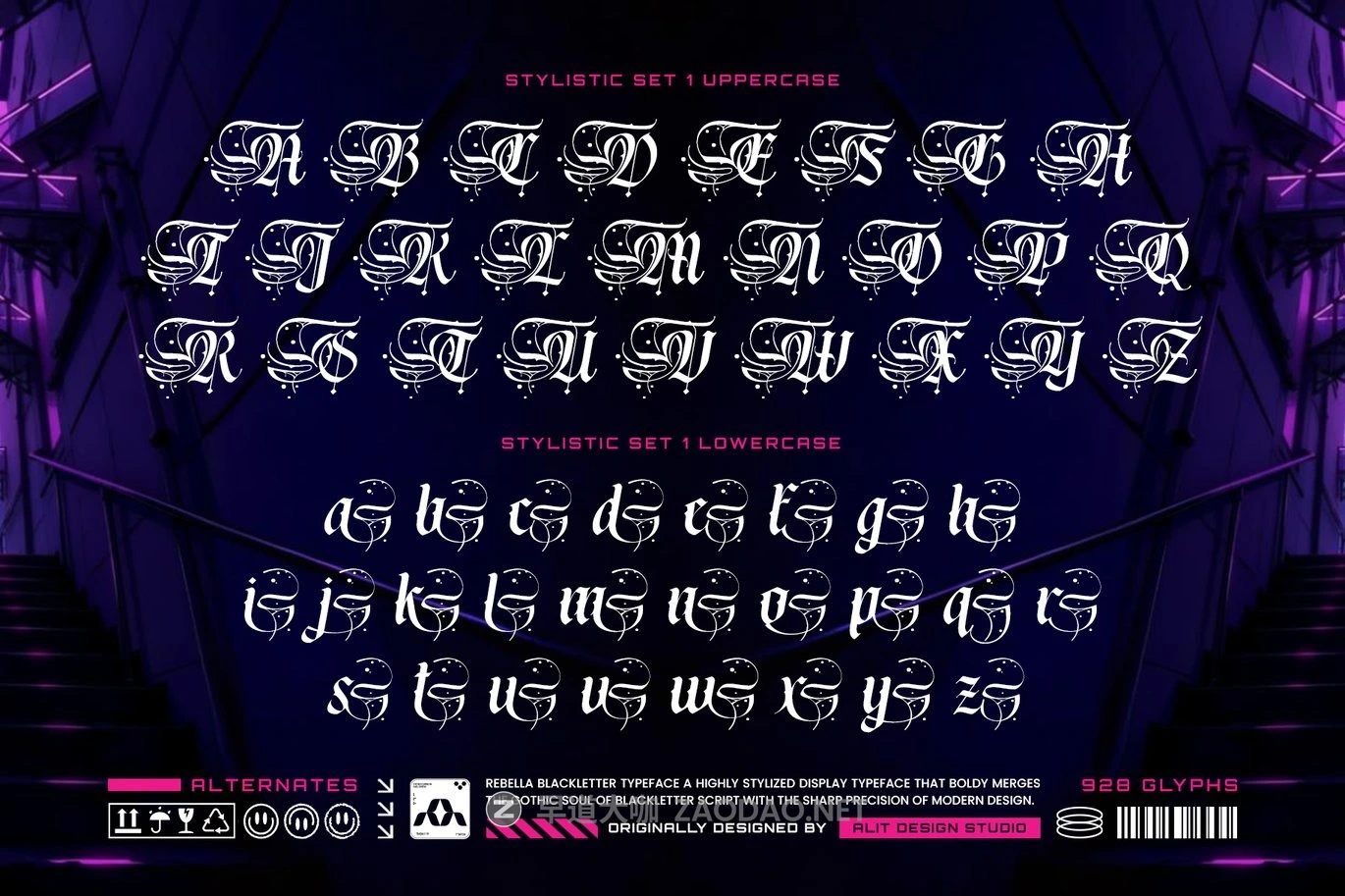时尚前卫哥特式赛博朋克品牌海报游戏标题设计装饰英文字体 Rebella Typeface插图2 时尚前卫哥特式赛博朋克品牌海报游戏标题设计装饰英文字体 Rebella Typeface插图2