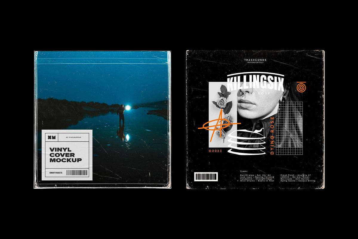 复古做旧黑胶唱片包装盒封面设计展示效果图PSD样机模板素材 Vinyl Cover with Plastic Sleeve Mockup