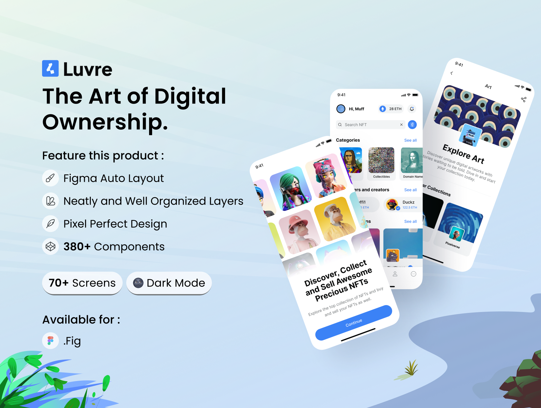 70+屏现代简洁NFT虚拟物品艺术品在线交易app应用程序ui用户界面设计figma格式素材 Luvre – NFTs Mobile App Design特色图 70+屏现代简洁NFT虚拟物品艺术品在线交易app应用程序ui用户界面设计figma格式素材 Luvre – NFTs Mobile App Design