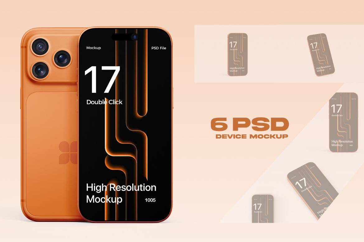 6款高品质手机应用程序app ui界面广告设计苹果iPhone 17 Pro展示贴图psd样机模板 High Quality iPhone 17 Pro Max Mockup特色图 6款高品质手机应用程序app ui界面广告设计苹果iPhone 17 Pro展示贴图psd样机模板 High Quality iPhone 17 Pro Max Mockup