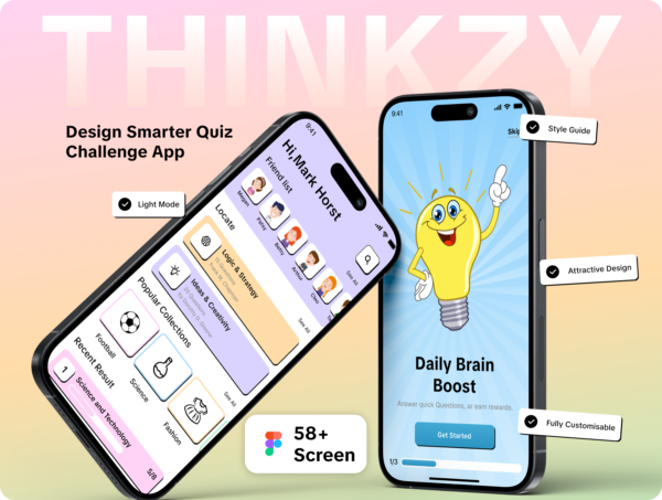 58+屏卡通趣味游戏化学习闯关互动教育app应用程序ui界面设计figma模版 Thinkzy | Quiz Challenge App UI Kit for Figma特色图 58+屏卡通趣味游戏化学习闯关互动教育app应用程序ui界面设计figma模版 Thinkzy | Quiz Challenge App UI Kit for Figma