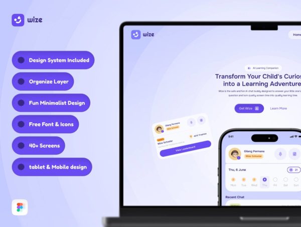 40+屏AI智能游戏闯过学习探索解锁课程奥秘软件app应用程序ui界面设计figma模板 wize website – Friendly AI Chat Buddy特色图 40+屏AI智能游戏闯过学习探索解锁课程奥秘软件app应用程序ui界面设计figma模板 wize website – Friendly AI Chat Buddy