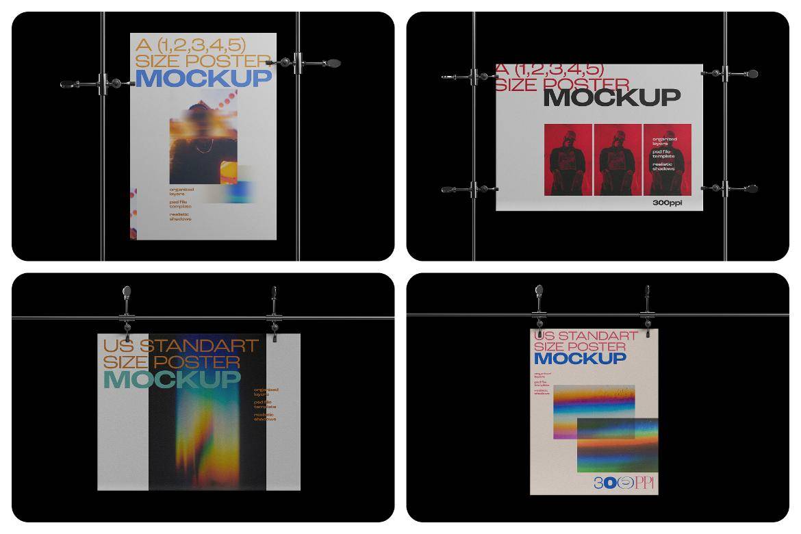 逼真悬挂艺术品视觉海报印刷品设计展示效果图psd样机模板素材 Poster Hanging Mockup Set特色图 逼真悬挂艺术品视觉海报印刷品设计展示效果图psd样机模板素材 Poster Hanging Mockup Set