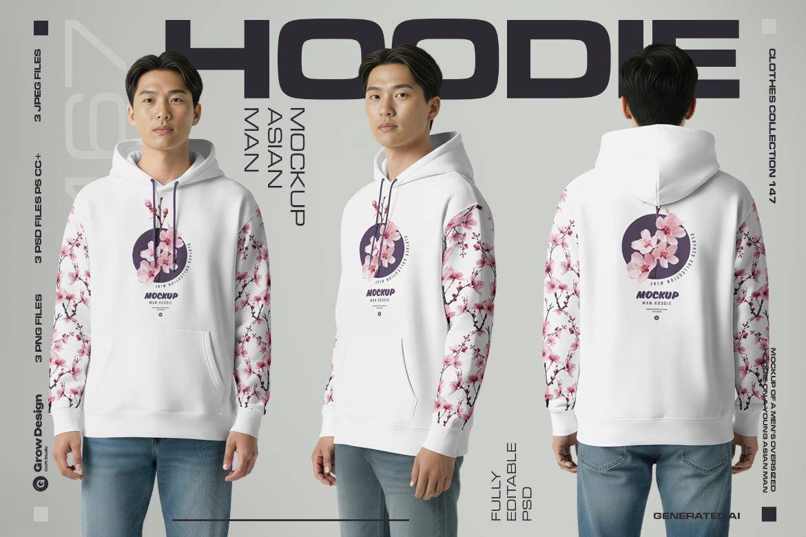 3款逼真男士连衣帽卫衣logo印花图案设计展示贴图psd样机模板 3 Oversized Hoodie Mockups on Asian Man. Vol.01. Generated AI特色图 3款逼真男士连衣帽卫衣logo印花图案设计展示贴图psd样机模板 3 Oversized Hoodie Mockups on Asian Man. Vol.01. Generated AI