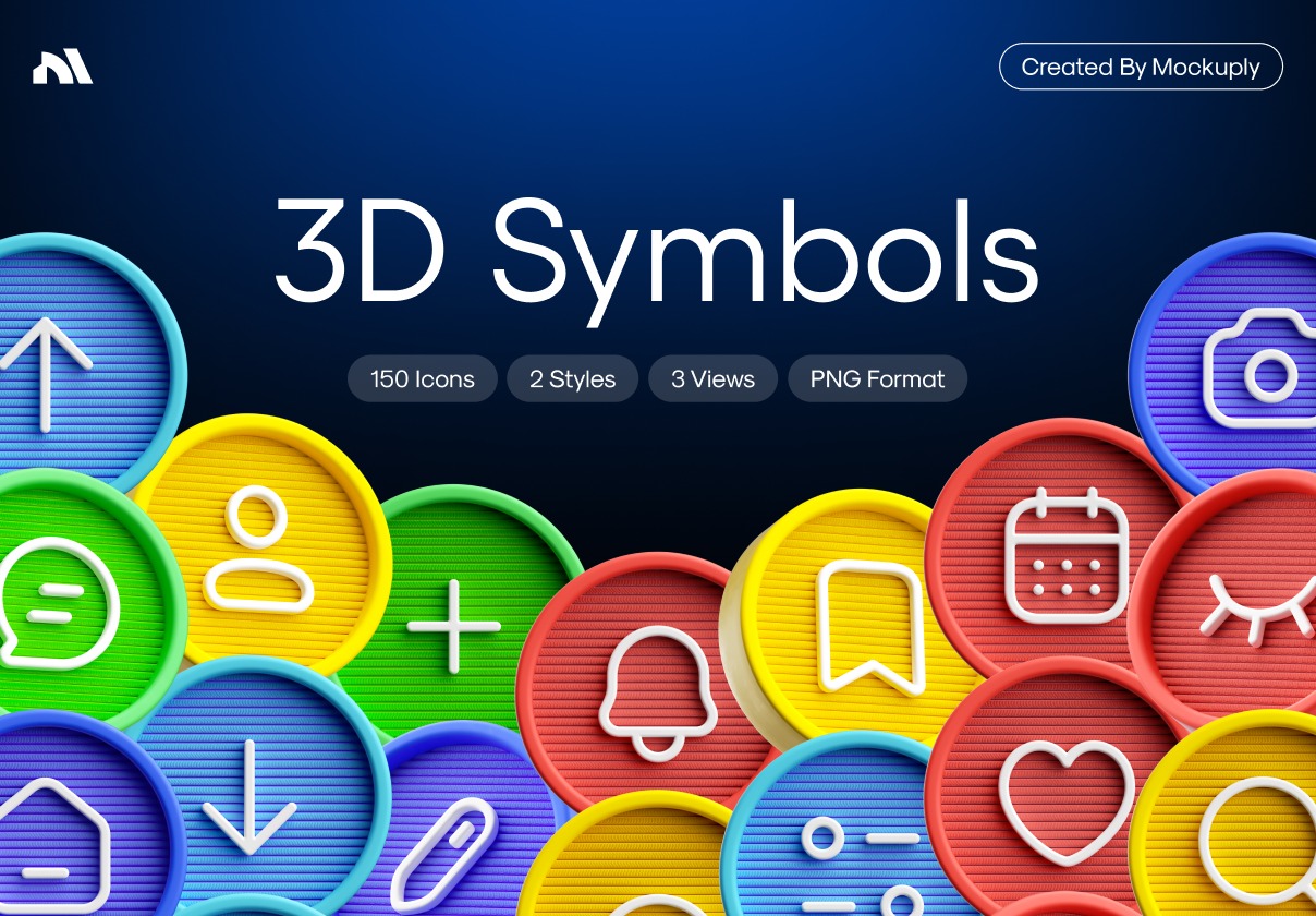 150款真实创意4K高清3D立体网站APP设计Icons图标png免抠图素材 3D Sybmols icons Mockuply Pro
