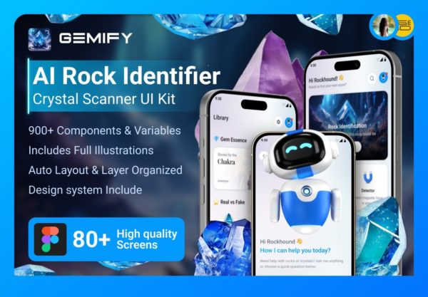 80+屏AI人工智能宝石岩石识别扫描分析app应用程序ui界面设计figma/sketch模板 AI Rock Scanner: Identify Rocks, Crystals & Gems Instantly | Gemify特色图 80+屏AI人工智能宝石岩石识别扫描分析app应用程序ui界面设计figma/sketch模板 AI Rock Scanner: Identify Rocks, Crystals & Gems Instantly | Gemify