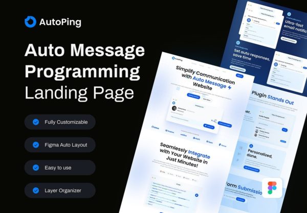 时尚网络营销自动消息编程SaaS服务网站登录页面figma模板ui套件素材 AutoPing – Auto Message Programming Landing Page
