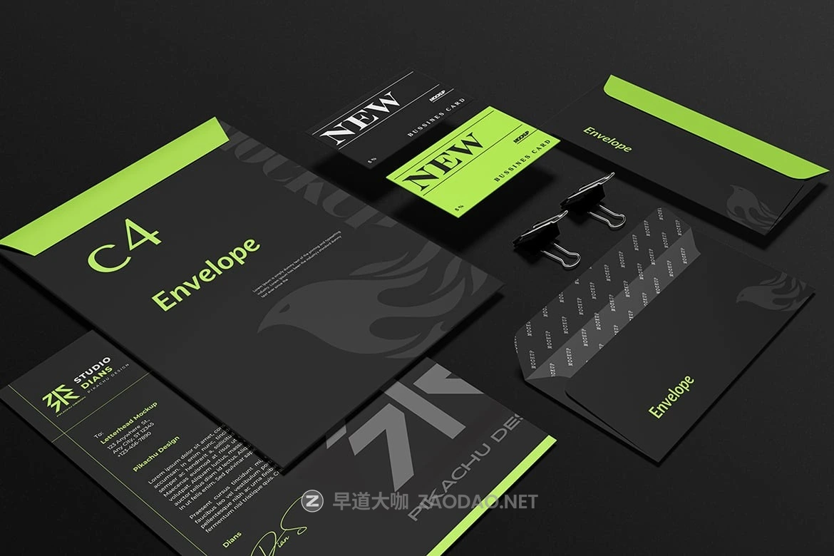 3款暗黑办公文具名片信封信纸vi设计展示效果图psd样机模板 Brand Stationery Mockup插图1 3款暗黑办公文具名片信封信纸vi设计展示效果图psd样机模板 Brand Stationery Mockup插图1