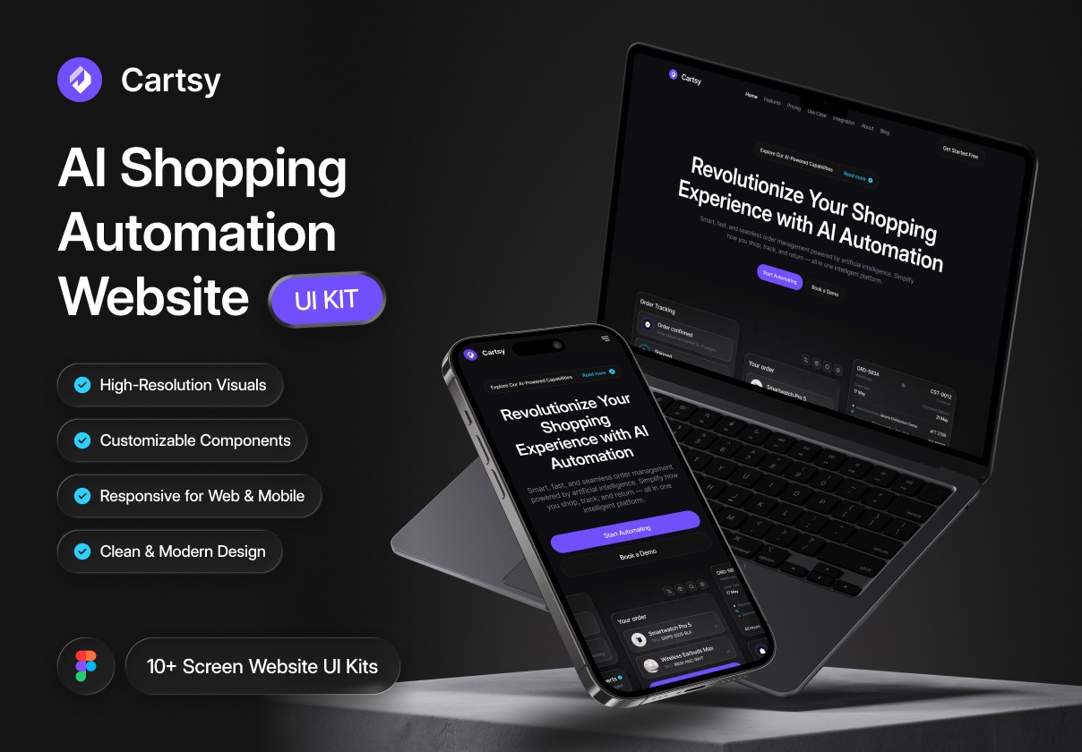 10+屏AI智能自动化电子商场购物平台网站用户UI界面设计figma模板套件 Cartsy — AI Shopping Automation Platform Website Kit特色图 10+屏AI智能自动化电子商场购物平台网站用户UI界面设计figma模板套件 Cartsy — AI Shopping Automation Platform Website Kit
