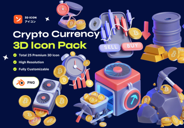 25款高级金融科技加密货币区块链3D图标Icon设计png/blender格式素材 Crypto Currency & Blockchain 3D Icon Pack