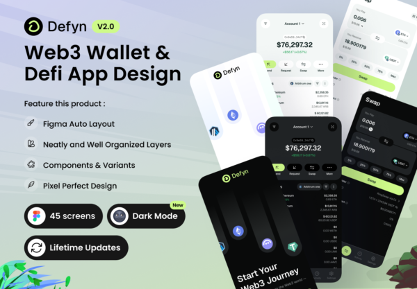 40屏现代化Web3.0技术加密货币财务管理电子钱包手机app移动应用程序ui界面设计figma模板 Defyn v2.0 – Web3 Wallet & DeFi App特色图 40屏现代化Web3.0技术加密货币财务管理电子钱包手机app移动应用程序ui界面设计figma模板 Defyn v2.0 – Web3 Wallet & DeFi App