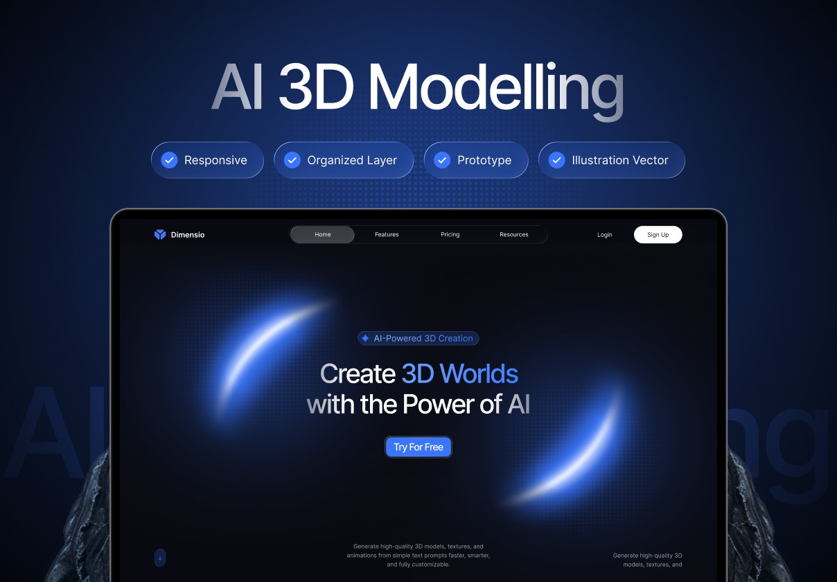 高端响应式黑暗AI智能3D模型生成器网站用户UI登录界面设计Figma模板套件 Dimensio – AI 3D Modelling Landing Page UI Kit特色图 高端响应式黑暗AI智能3D模型生成器网站用户UI登录界面设计Figma模板套件 Dimensio – AI 3D Modelling Landing Page UI Kit