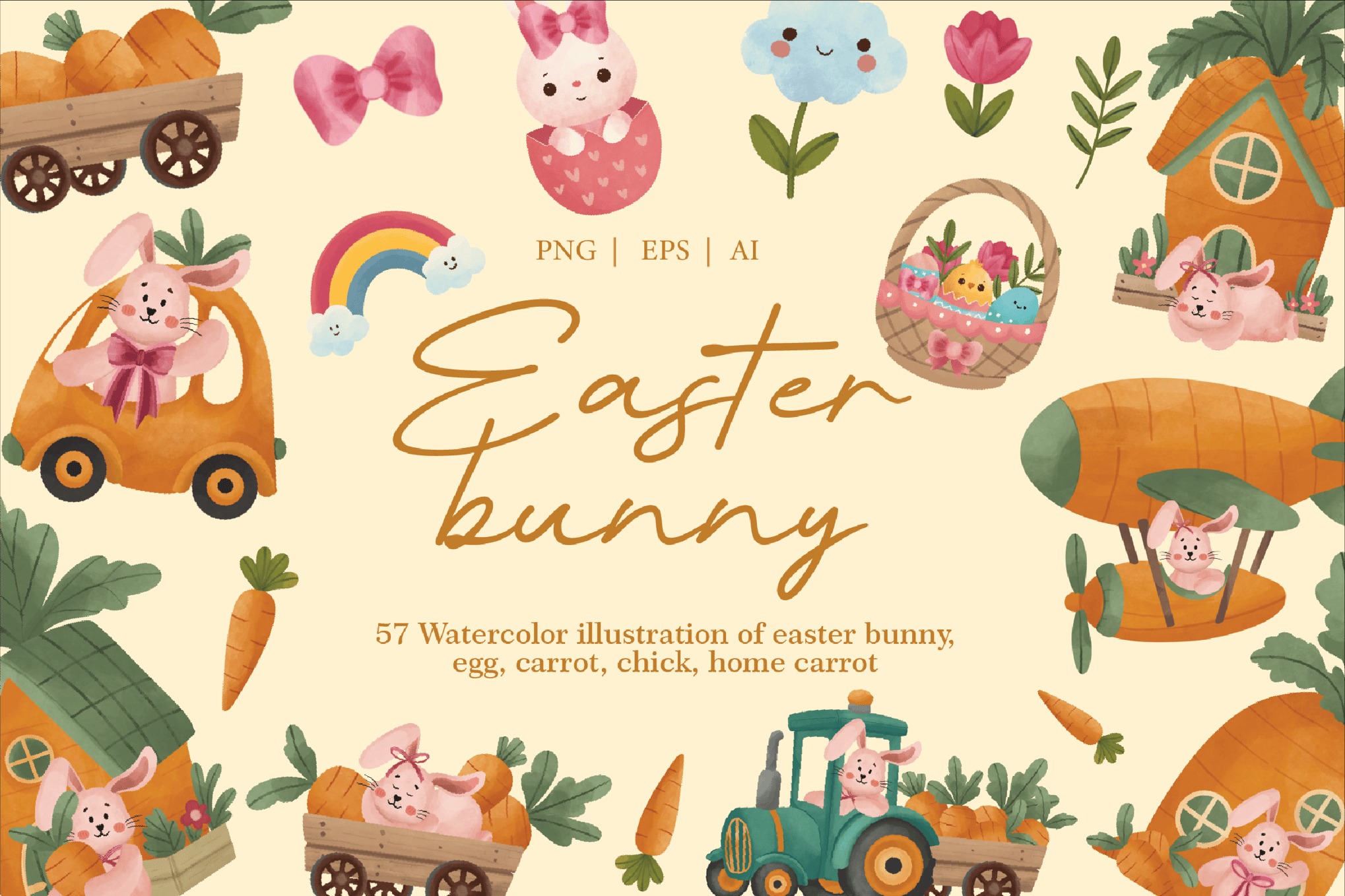 卡通趣味儿童化复活节兔子胡萝卜房屋png免抠图插画插图素材 Easter Bunny Set Illustration特色图 卡通趣味儿童化复活节兔子胡萝卜房屋png免抠图插画插图素材 Easter Bunny Set Illustration