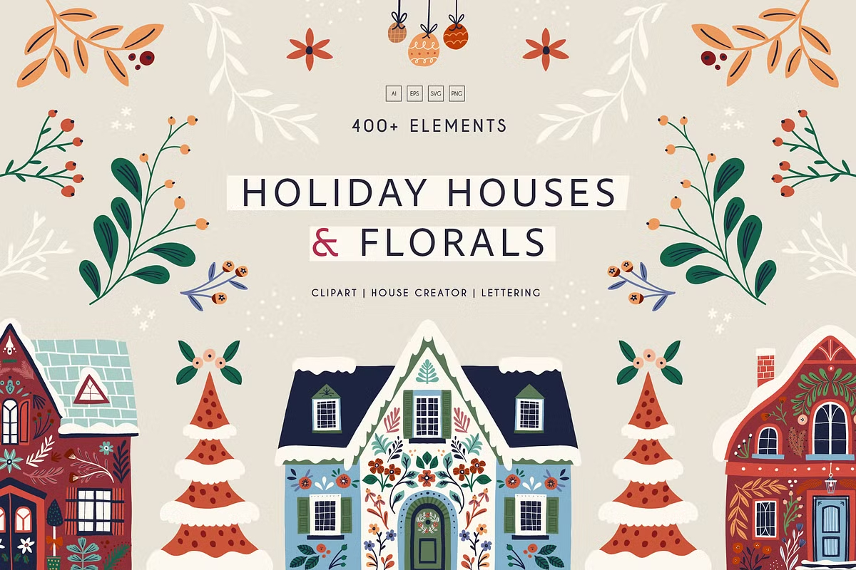 308款卡通假日冬季圣诞节元素房屋圣诞树花卉字母手绘插画png/ai设计素材 Holiday houses & florals clipart特色图 308款卡通假日冬季圣诞节元素房屋圣诞树花卉字母手绘插画png/ai设计素材 Holiday houses & florals clipart