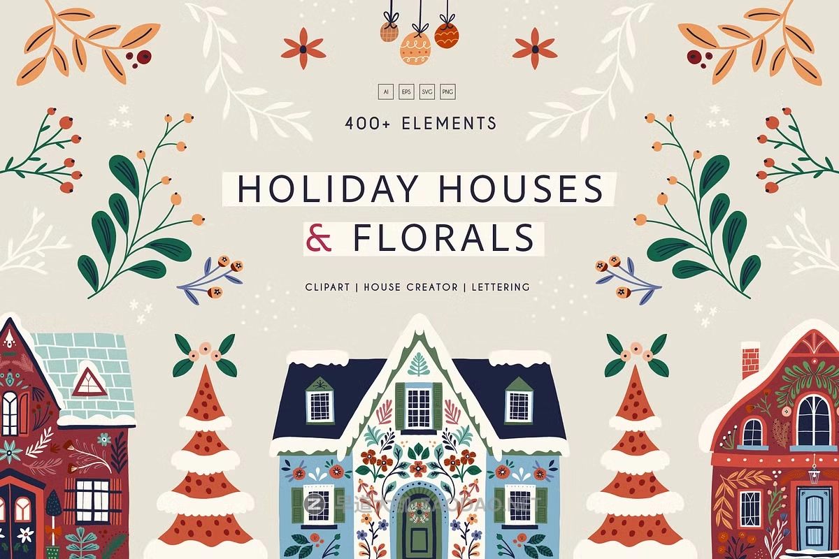308款卡通假日冬季圣诞节元素房屋圣诞树花卉字母手绘插画png/ai设计素材 Holiday houses & florals clipart插图 308款卡通假日冬季圣诞节元素房屋圣诞树花卉字母手绘插画png/ai设计素材 Holiday houses & florals clipart插图