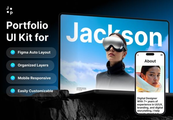 9+屏现代优雅设计师摄影作品集案例展示文字图文用户界面布局figma模板套件 Jackson — Modern Portfolio UI Kit for Designers & Creators特色图 9+屏现代优雅设计师摄影作品集案例展示文字图文用户界面布局figma模板套件 Jackson — Modern Portfolio UI Kit for Designers & Creators