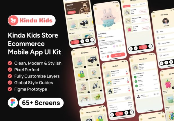 65+屏高级婴儿儿童服装玩具配饰用品电子商城app界面设计figma模板ui套件素材 Kinda Kids Store – Ecommerce Mobile App UI Kit特色图 65+屏高级婴儿儿童服装玩具配饰用品电子商城app界面设计figma模板ui套件素材 Kinda Kids Store – Ecommerce Mobile App UI Kit
