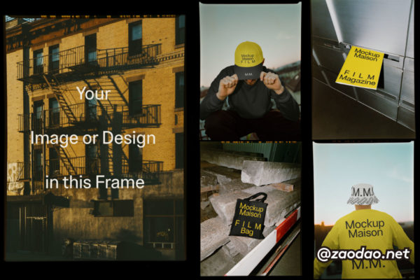[首发新品] 7款做旧胶片边框模拟棒球帽画册T恤渔夫帽帆布袋海报设计VI展示贴图PSD样机模板 Mockup.Maison – Film Collection P1