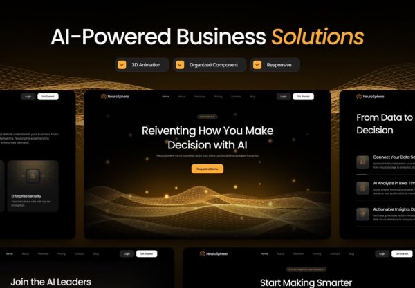 9屏黑暗AI人工智能数据绩效自动分析统计SaaS服务网站UI界面设计figma模板 NeuroSphere – AI Business website