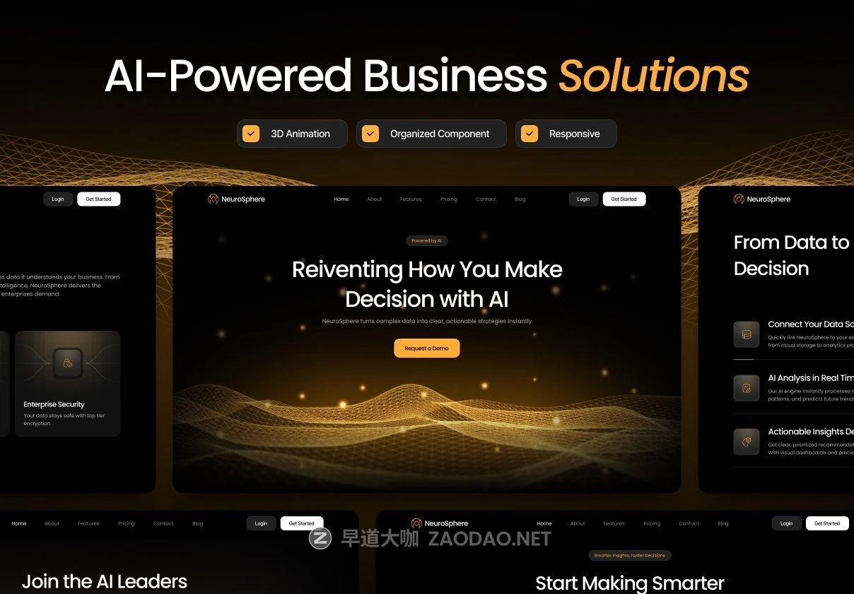 9屏黑暗AI人工智能数据绩效自动分析统计SaaS服务网站UI界面设计figma模板 NeuroSphere – AI Business website插图 9屏黑暗AI人工智能数据绩效自动分析统计SaaS服务网站UI界面设计figma模板 NeuroSphere – AI Business website插图