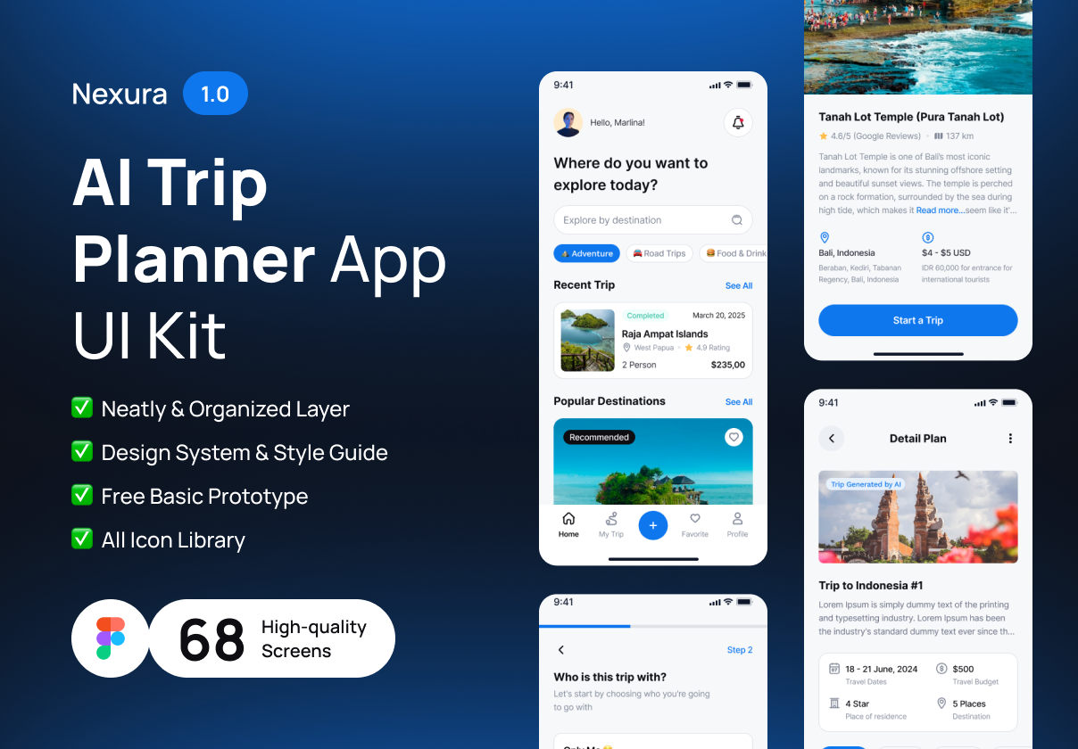 68屏AI智能旅行住宿酒店航班景点预订移动应用程序app ui设计figma模板套件 Nexura – AI Trip Planner App UI Kit特色图 68屏AI智能旅行住宿酒店航班景点预订移动应用程序app ui设计figma模板套件 Nexura – AI Trip Planner App UI Kit