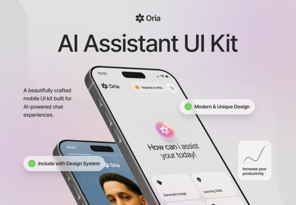 25+屏创意AI智能聊天语音图片视频生成器手机移动应用程序app ui界面设计figma模板套件 Oria – AI Assistant UI Kit