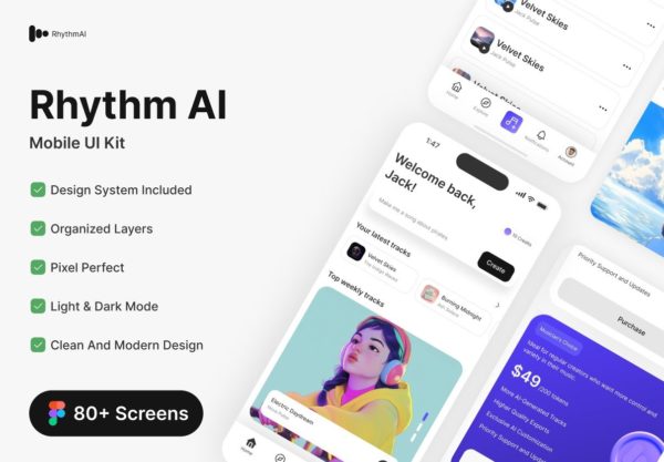 80+屏AI智能语音音乐音效配音制作编辑生成器app应用程序ui界面设计figma模板套件 Rhythm AI – AI Music Creation App UI Kit特色图 80+屏AI智能语音音乐音效配音制作编辑生成器app应用程序ui界面设计figma模板套件 Rhythm AI – AI Music Creation App UI Kit