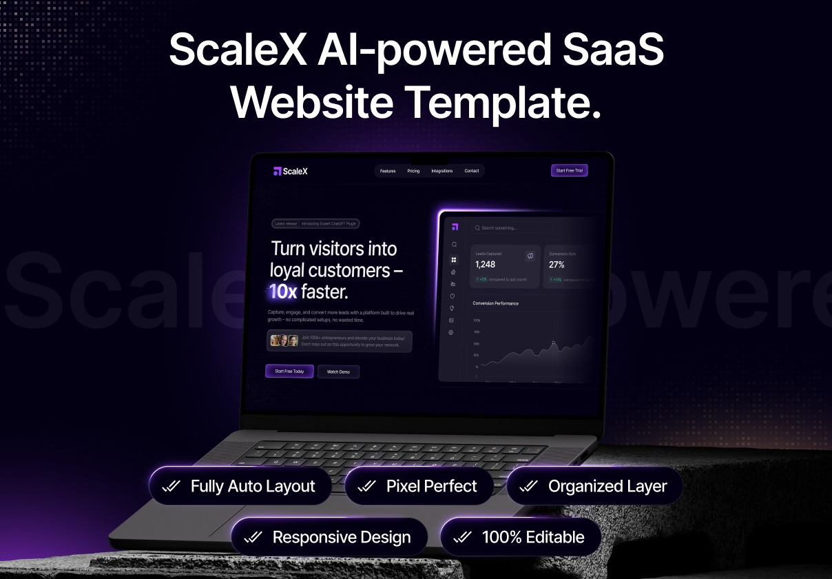 10屏响应式黑暗AI人工智能SaaS服务网站用户UI界面设计Figma模板素材 ScaleX – Next-Gen SaaS Website Design Template特色图 10屏响应式黑暗AI人工智能SaaS服务网站用户UI界面设计Figma模板素材 ScaleX – Next-Gen SaaS Website Design Template