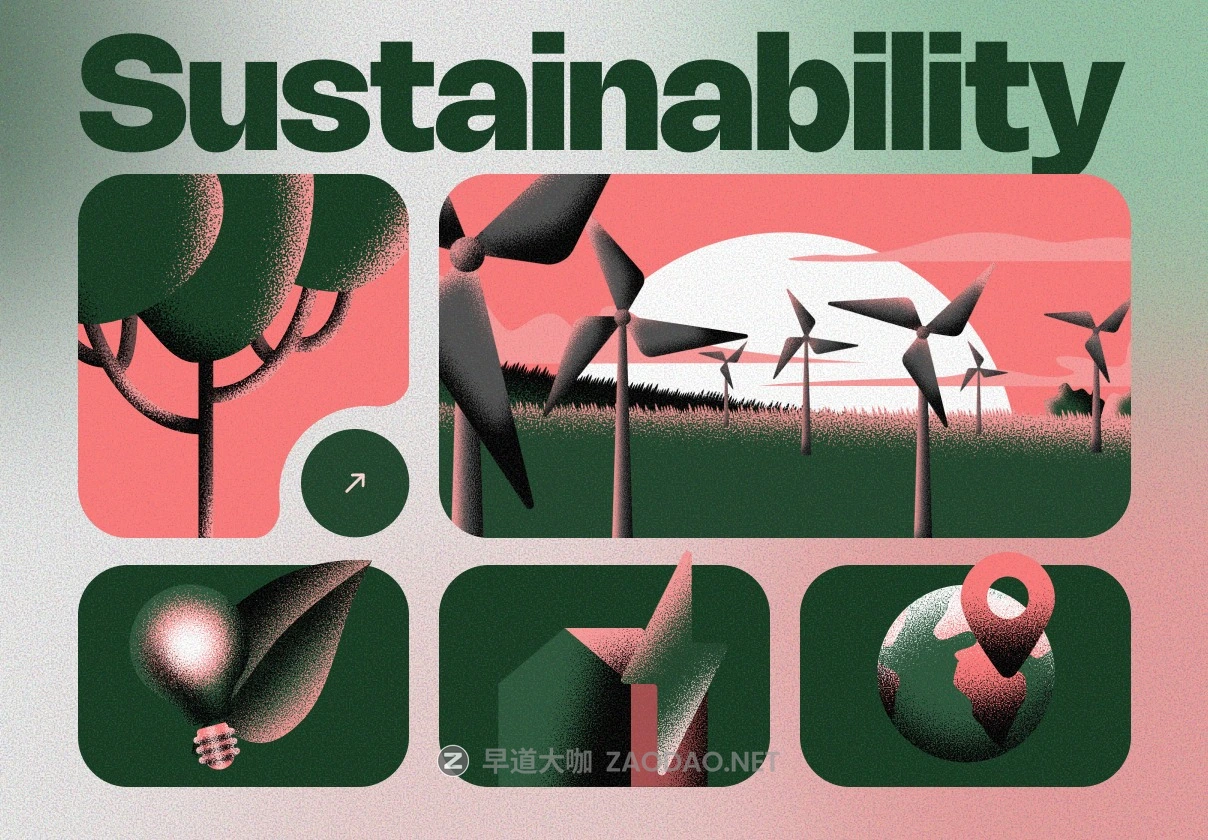 现代创意颗粒效果太阳能新能源风力发电绿色能源场景图标插图插画figma格式设计素材 Sustainability Illustration Pack – Figma Minimal Grain Style插图 现代创意颗粒效果太阳能新能源风力发电绿色能源场景图标插图插画figma格式设计素材 Sustainability Illustration Pack – Figma Minimal Grain Style插图