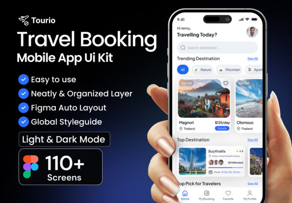110+屏专业旅游旅行机票酒店景点门票预订购买app界面设计figma模板ui套件素材 Tourio Travel Booking Mobile App Kit