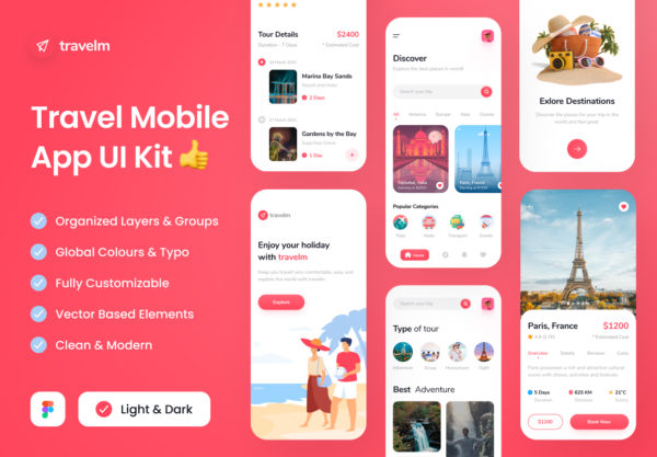 专业双配色旅游旅行景点门票航班酒店预订app设计figma模板ui界面套件素材Travel App UI Kit特色图 专业双配色旅游旅行景点门票航班酒店预订app设计figma模板ui界面套件素材Travel App UI Kit