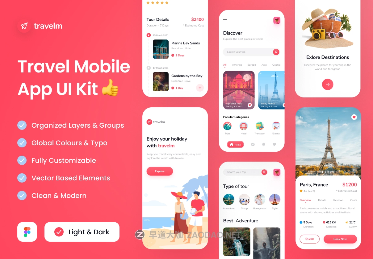 专业双配色旅游旅行景点门票航班酒店预订app设计figma模板ui界面套件素材Travel App UI Kit插图 专业双配色旅游旅行景点门票航班酒店预订app设计figma模板ui界面套件素材Travel App UI Kit插图
