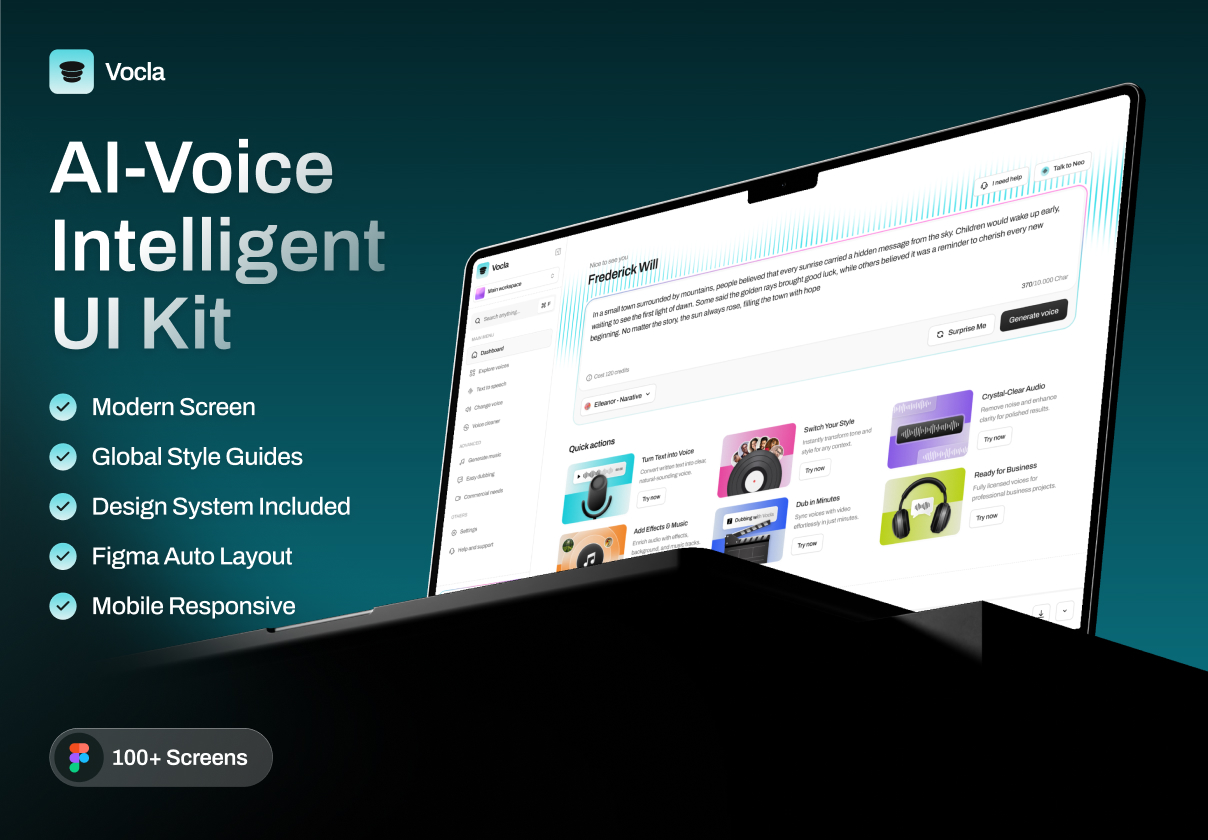 100+屏响应式AI智能语音文本互转生成器网站UI仪表盘界面设计figma模板套件 Vocla – AI Voice Intelligent UI Kit特色图 100+屏响应式AI智能语音文本互转生成器网站UI仪表盘界面设计figma模板套件 Vocla – AI Voice Intelligent UI Kit