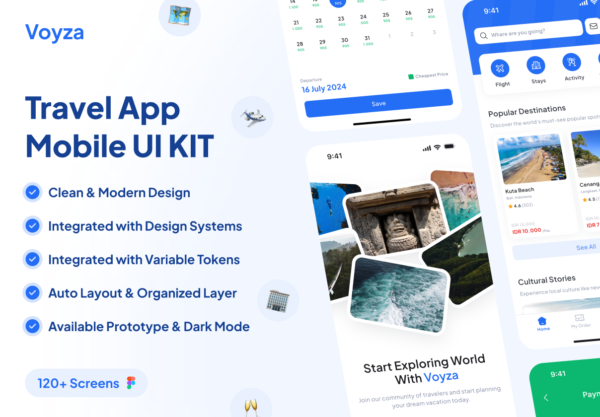 120+高级双配色旅游旅行社航班酒店行程预订app应用程序ui界面设计figma模板套件 Voyza – Travel Booking App UI Kit特色图 120+高级双配色旅游旅行社航班酒店行程预订app应用程序ui界面设计figma模板套件 Voyza – Travel Booking App UI Kit