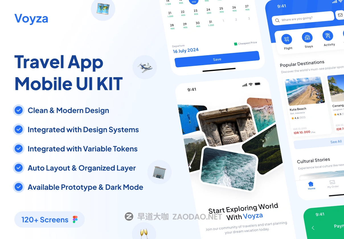 120+高级双配色旅游旅行社航班酒店行程预订app应用程序ui界面设计figma模板套件 Voyza – Travel Booking App UI Kit插图 120+高级双配色旅游旅行社航班酒店行程预订app应用程序ui界面设计figma模板套件 Voyza – Travel Booking App UI Kit插图