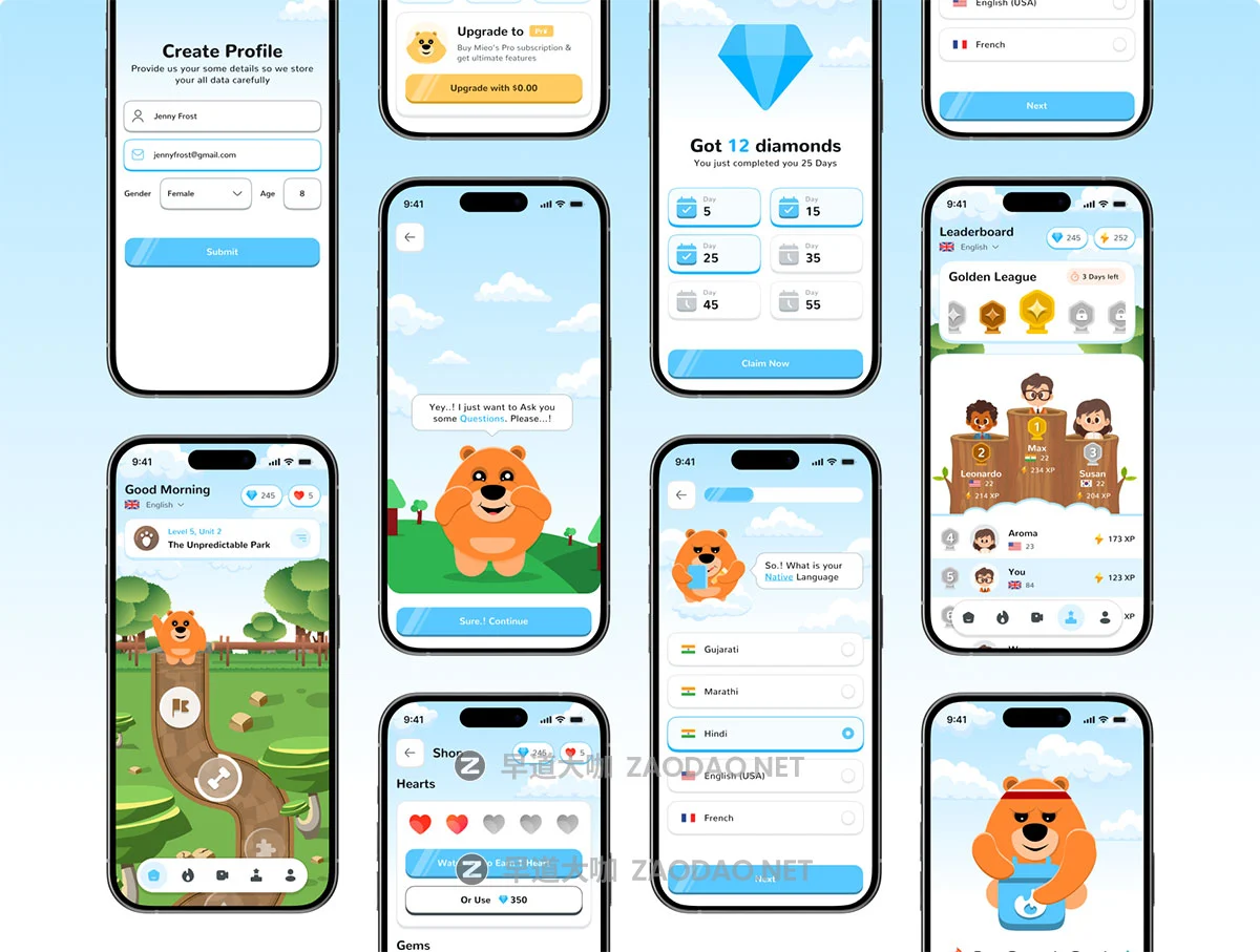 40+屏高级游戏化儿童早教英语语言学习手机应用程序app ui界面设计figma模板套件 Mieo – Language Learning App UI Kit插图5 40+屏高级游戏化儿童早教英语语言学习手机应用程序app ui界面设计figma模板套件 Mieo – Language Learning App UI Kit插图5