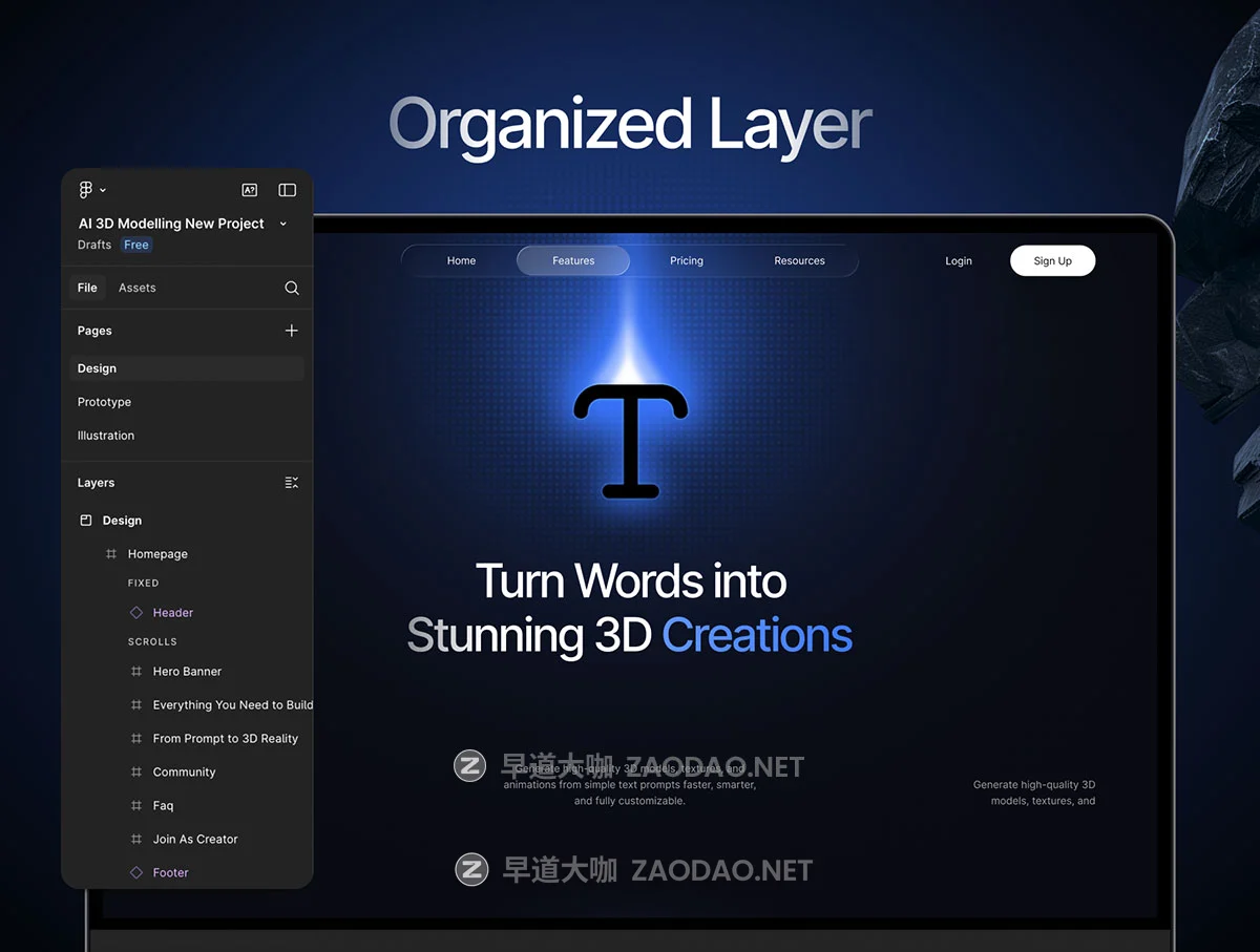 高端响应式黑暗AI智能3D模型生成器网站用户UI登录界面设计Figma模板套件 Dimensio – AI 3D Modelling Landing Page UI Kit插图3 高端响应式黑暗AI智能3D模型生成器网站用户UI登录界面设计Figma模板套件 Dimensio – AI 3D Modelling Landing Page UI Kit插图3