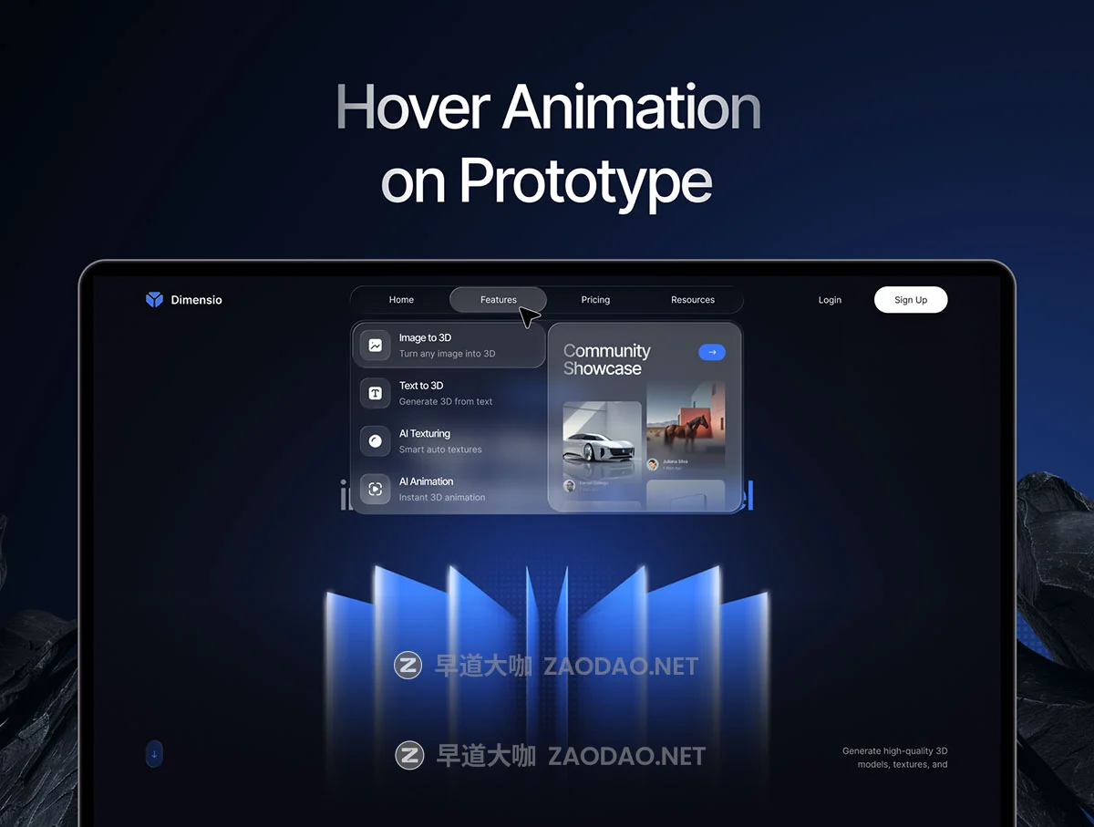 高端响应式黑暗AI智能3D模型生成器网站用户UI登录界面设计Figma模板套件 Dimensio – AI 3D Modelling Landing Page UI Kit插图4 高端响应式黑暗AI智能3D模型生成器网站用户UI登录界面设计Figma模板套件 Dimensio – AI 3D Modelling Landing Page UI Kit插图4