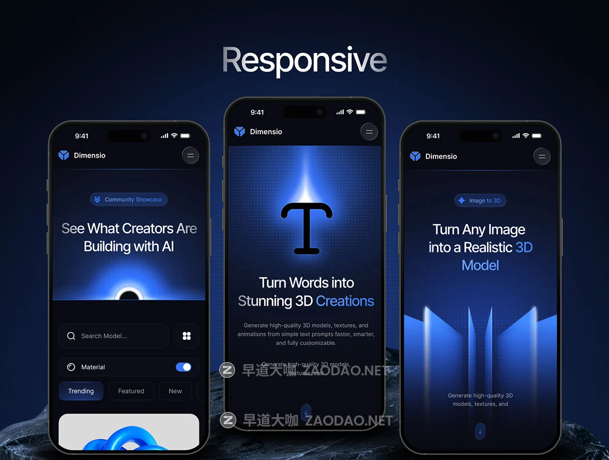 高端响应式黑暗AI智能3D模型生成器网站用户UI登录界面设计Figma模板套件 Dimensio – AI 3D Modelling Landing Page UI Kit插图5 高端响应式黑暗AI智能3D模型生成器网站用户UI登录界面设计Figma模板套件 Dimensio – AI 3D Modelling Landing Page UI Kit插图5
