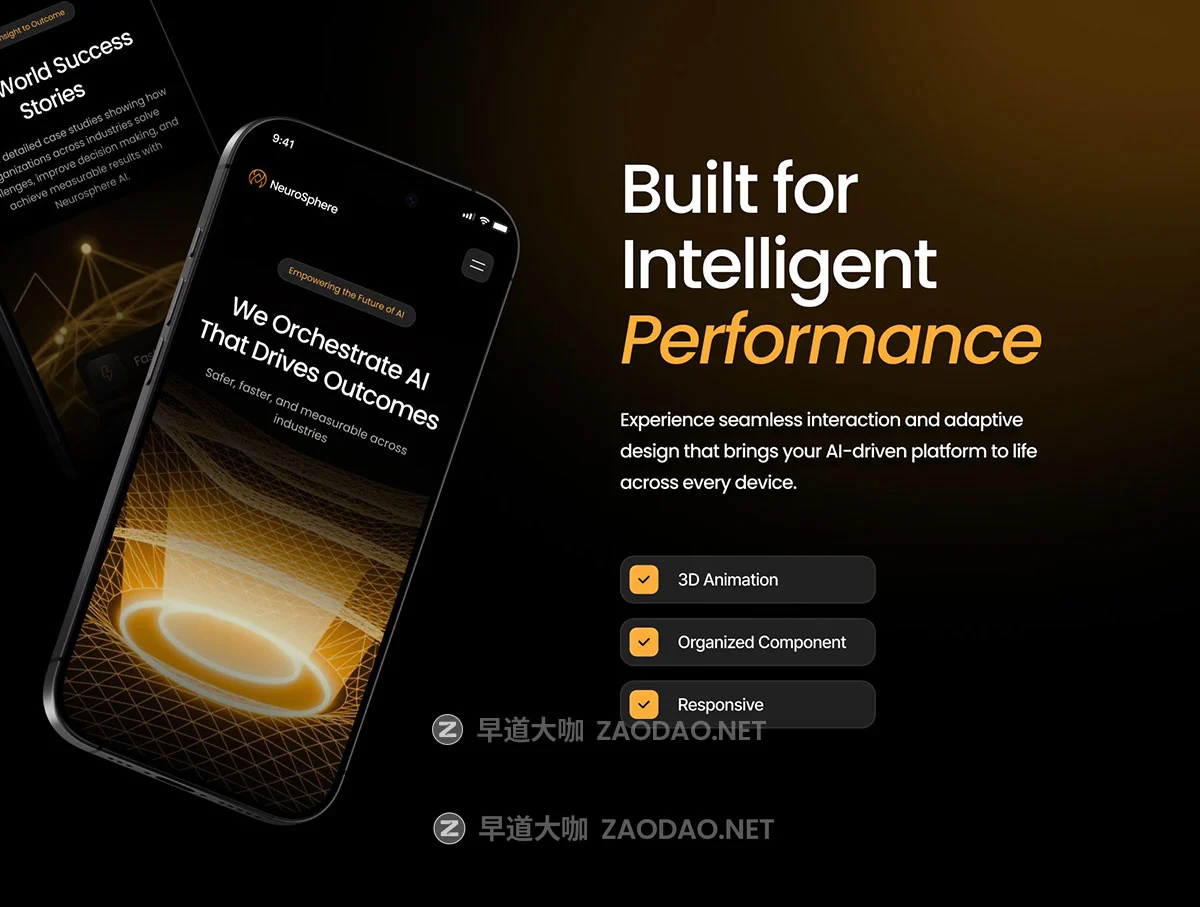 9屏黑暗AI人工智能数据绩效自动分析统计SaaS服务网站UI界面设计figma模板 NeuroSphere – AI Business website插图1 9屏黑暗AI人工智能数据绩效自动分析统计SaaS服务网站UI界面设计figma模板 NeuroSphere – AI Business website插图1