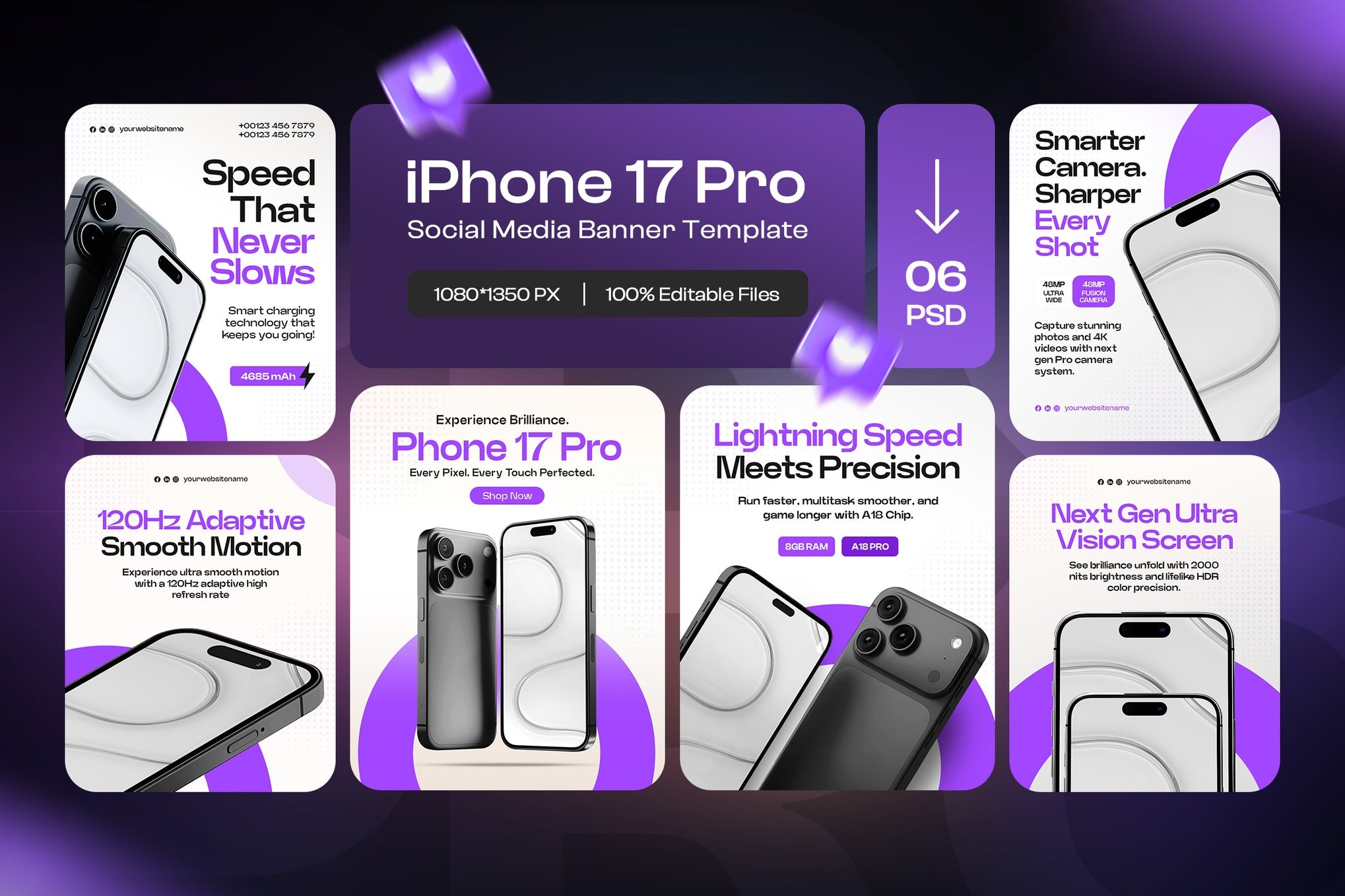 时尚智能iphone17 Pro手机品牌推广电商海报设计PSD模板源文件素材 Smartphone 17 Pro Instagram Post Template特色图 时尚智能iphone17 Pro手机品牌推广电商海报设计PSD模板源文件素材 Smartphone 17 Pro Instagram Post Template