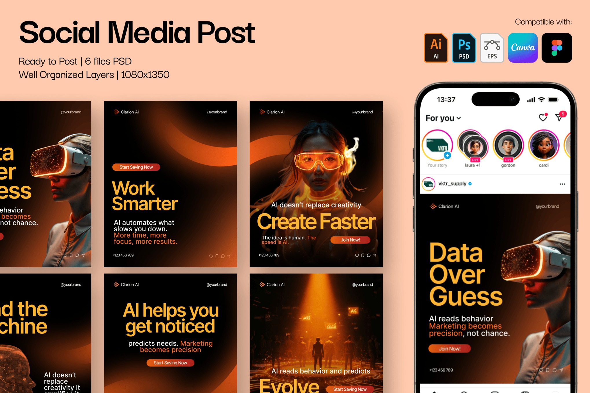 现代时尚人工智能品牌推广电商海报设计PSD/AI模板源文件素材 Clairon – AI Assistant Instagram Carousel Post特色图 现代时尚人工智能品牌推广电商海报设计PSD/AI模板源文件素材 Clairon – AI Assistant Instagram Carousel Post