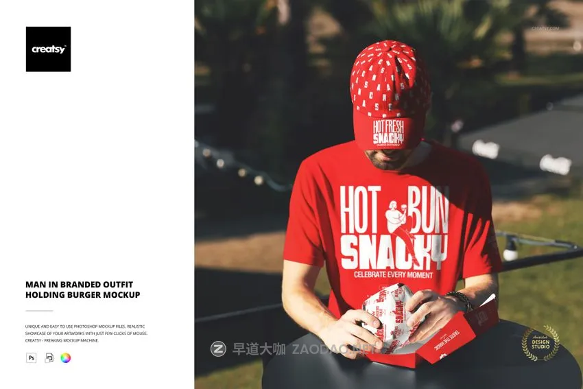 1款男模特手持汉堡包装纸纸盒T恤棒球帽设计vi贴图psd样机模板 Man in Branded Outfit Holding Burger Mockup插图 1款男模特手持汉堡包装纸纸盒T恤棒球帽设计vi贴图psd样机模板 Man in Branded Outfit Holding Burger Mockup插图
