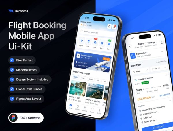 100+屏旅游旅行社航班机票座位景点预订应用程序app界面设计figma模板ui套件素材 Transpeed – Flight Booking Mobile App UI Kit特色图 100+屏旅游旅行社航班机票座位景点预订应用程序app界面设计figma模板ui套件素材 Transpeed – Flight Booking Mobile App UI Kit