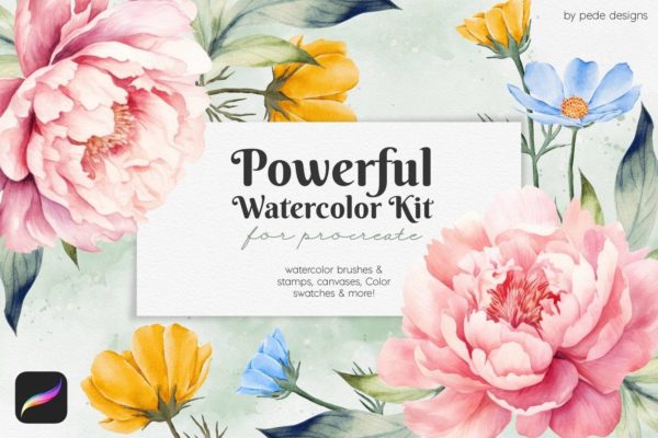 61组水彩水墨画绘画艺术procreate笔刷画笔设计素材 Powerful Watercolor Kit for Procreate